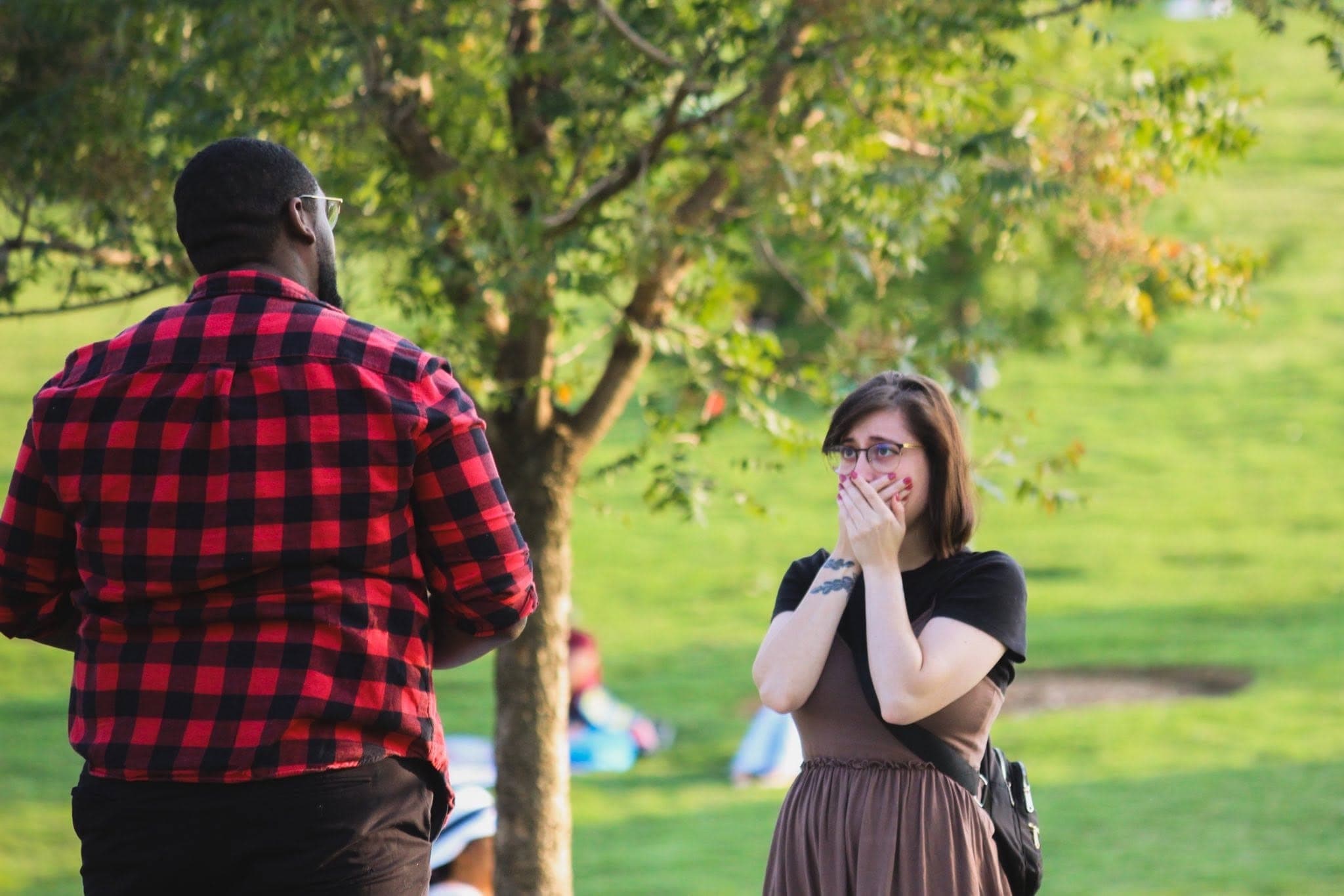 The moment of a surprise proposal in the park